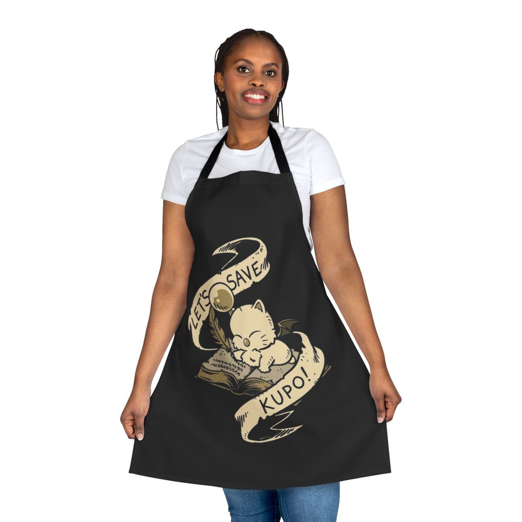 A black fantasy apron with a "Let's Save Kupo" design featuring a feather pen, old book, and bat wings