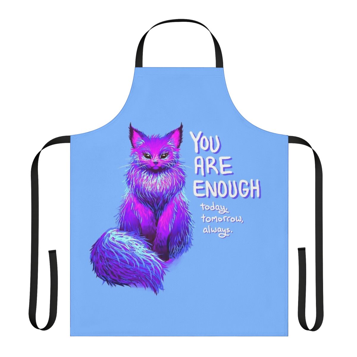 Whimsical apron featuring a fluffy Maine Coon cat with the message "You Are Enough"