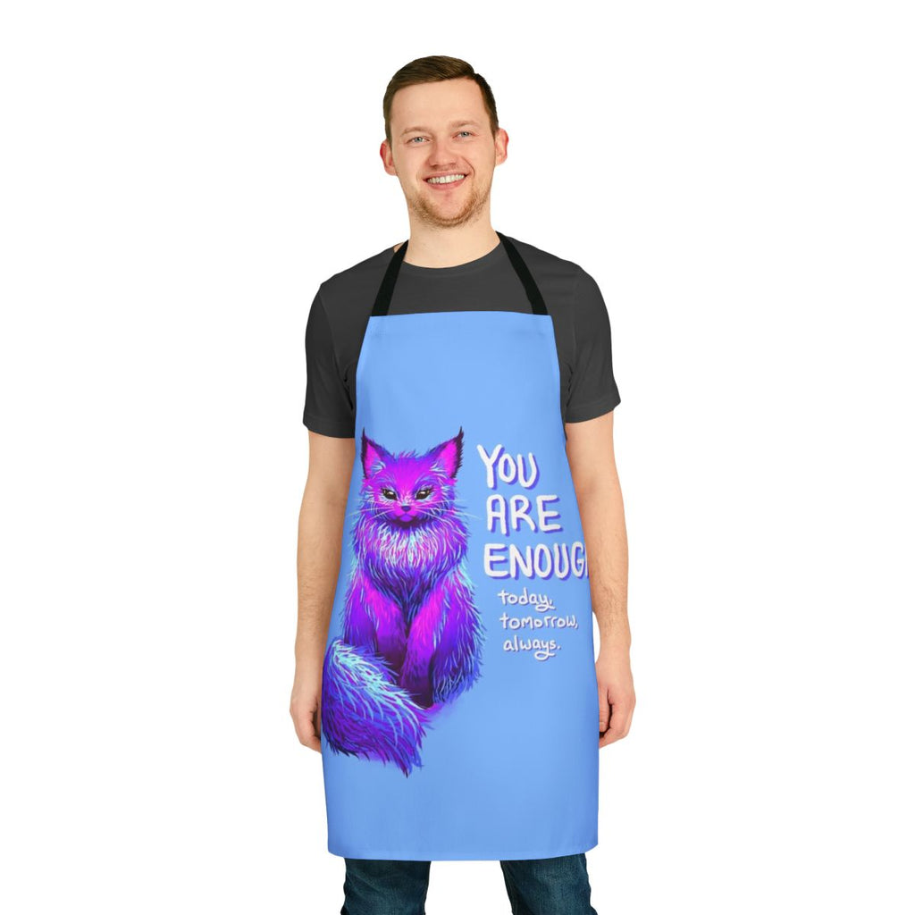 Whimsical apron featuring a fluffy Maine Coon cat with the message "You Are Enough"