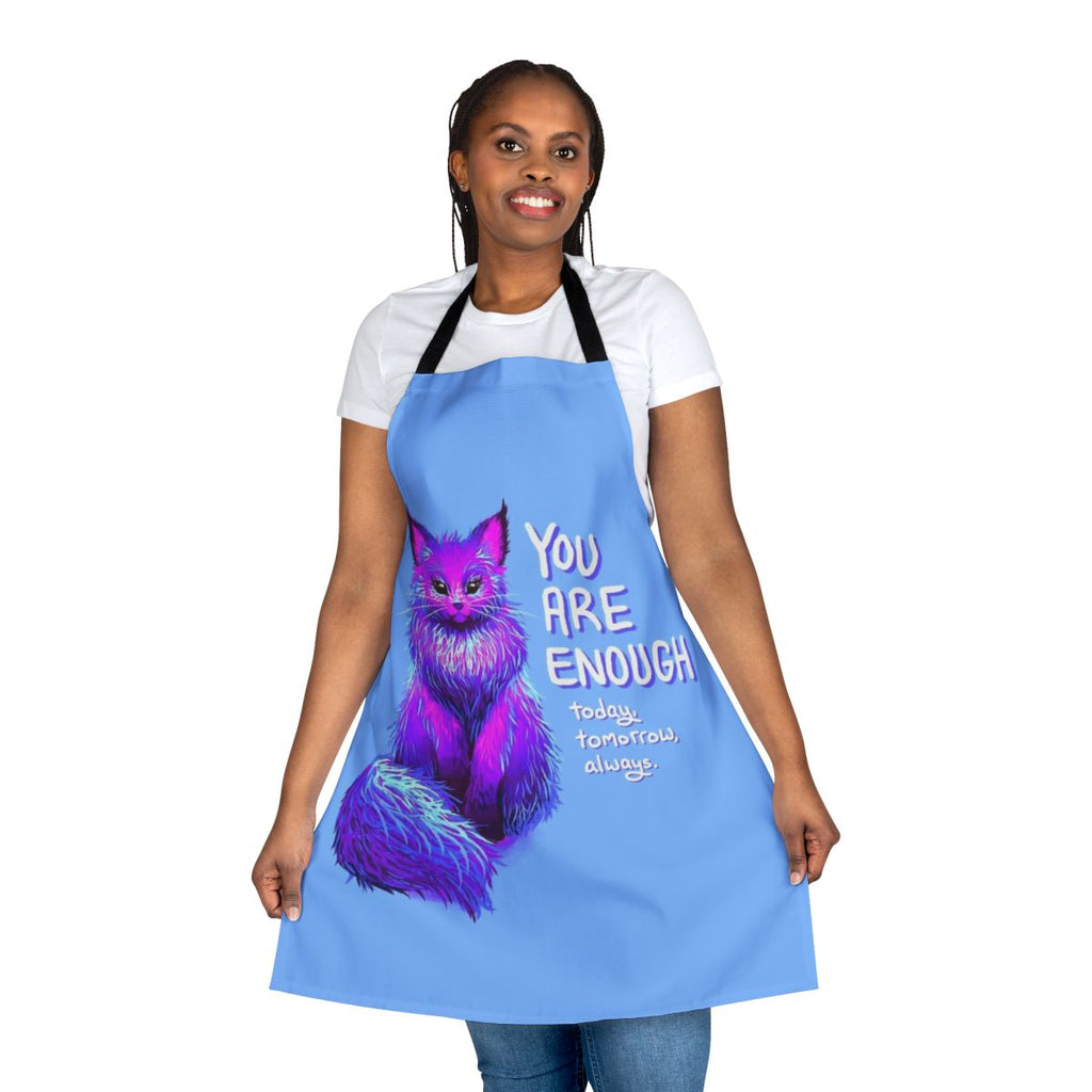 Whimsical apron featuring a fluffy Maine Coon cat with the message "You Are Enough"