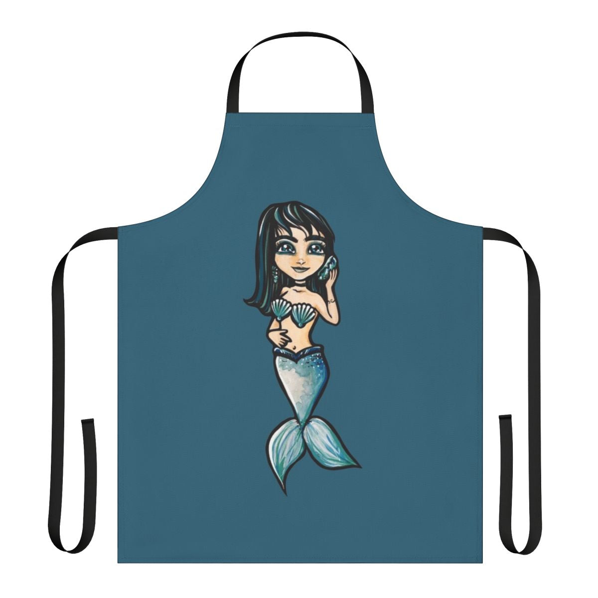 A black-haired mermaid-inspired apron with a seashell design, perfect for cooking and baking.