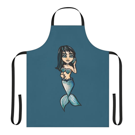 A black-haired mermaid-inspired apron with a seashell design, perfect for cooking and baking.