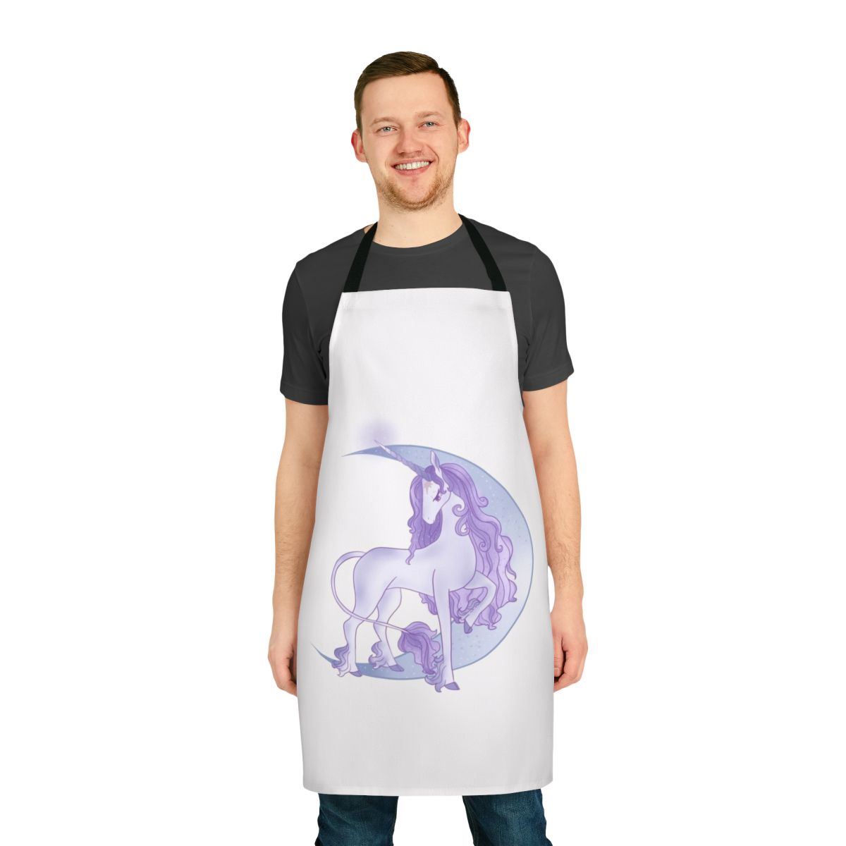 Magical moon unicorn design on a white apron