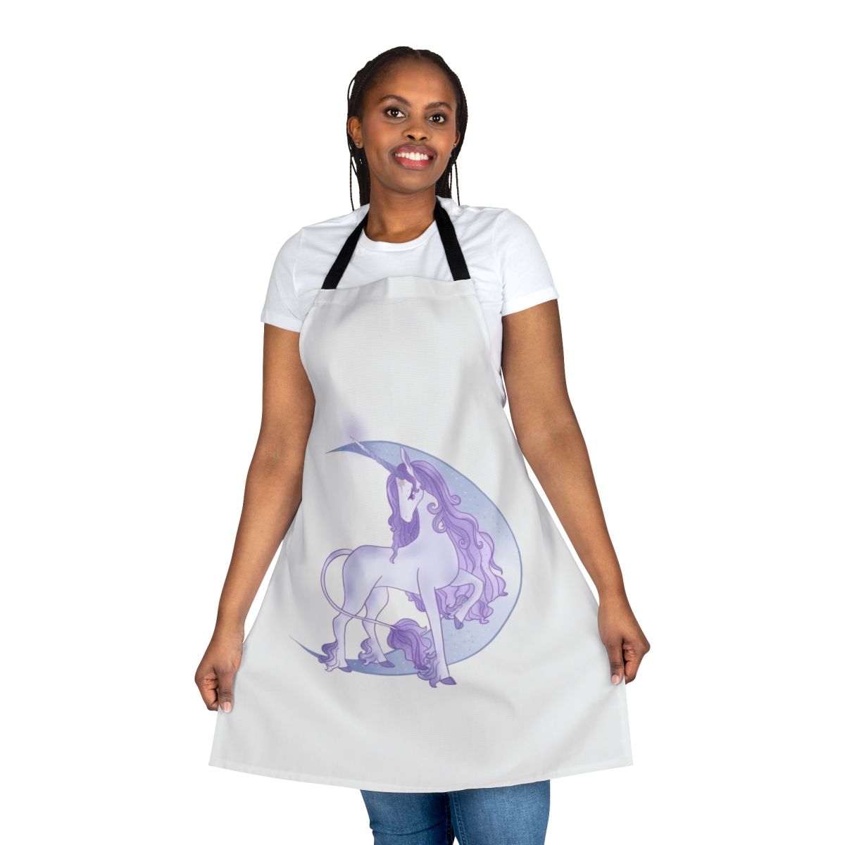Magical moon unicorn design on a white apron