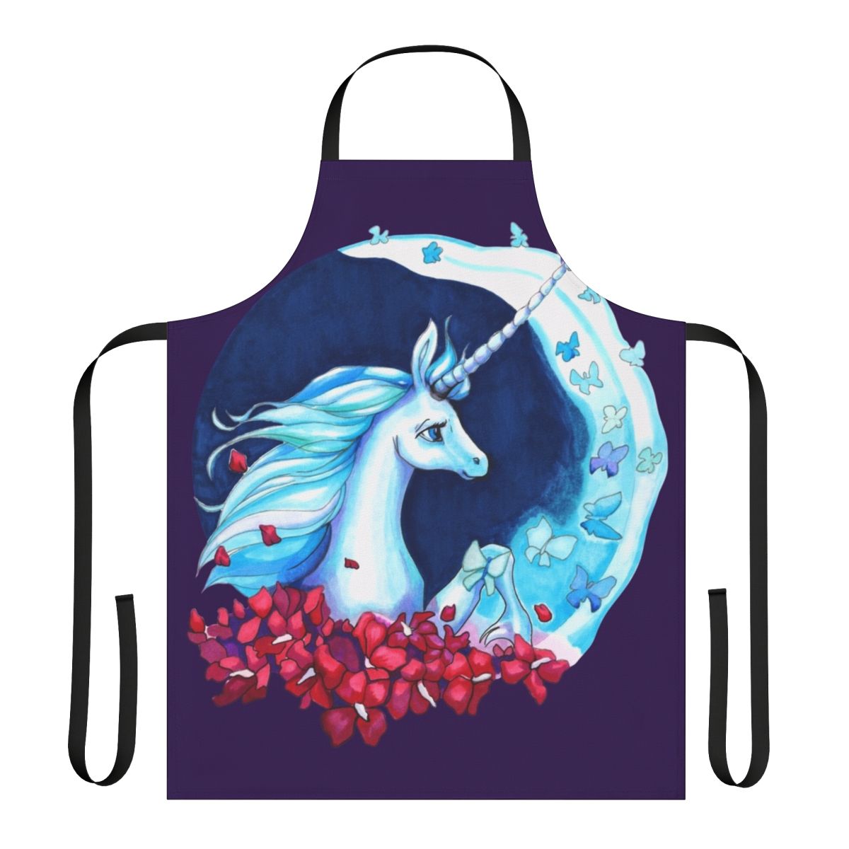Whimsical apron featuring a unicorn silhouetted against a starry night sky with butterflies and blooming flowers