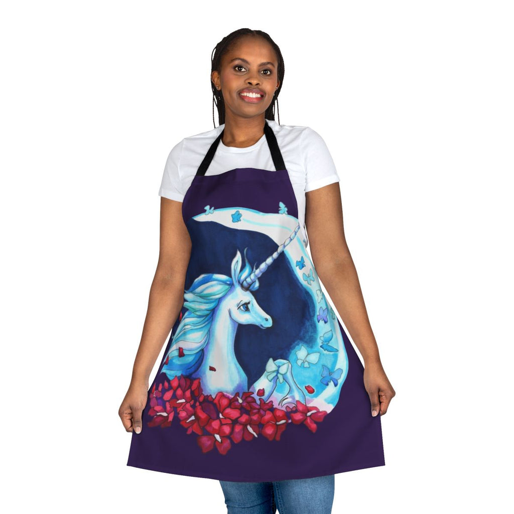Whimsical apron featuring a unicorn silhouetted against a starry night sky with butterflies and blooming flowers