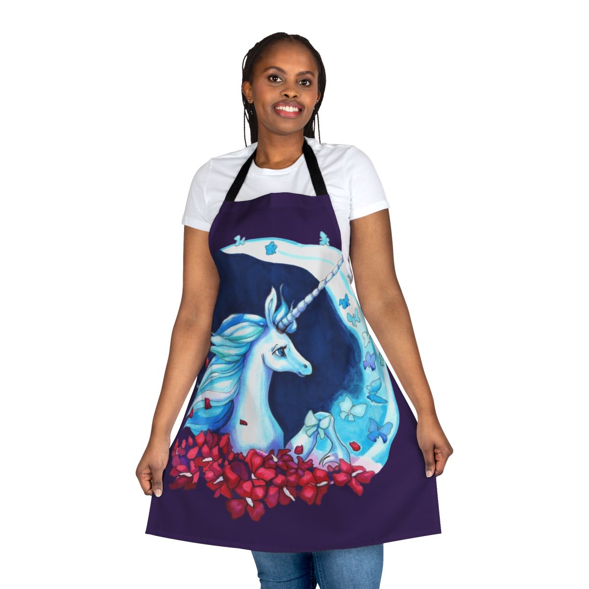 Whimsical apron featuring a unicorn silhouetted against a starry night sky with butterflies and blooming flowers