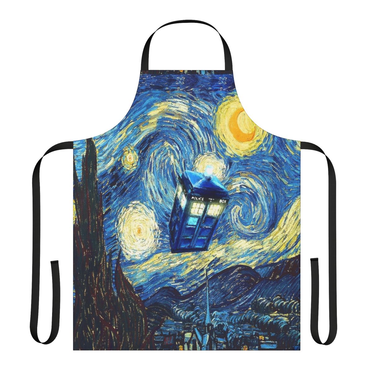 Artistic apron featuring a phone booth and elements of Doctor Who and witchcraft