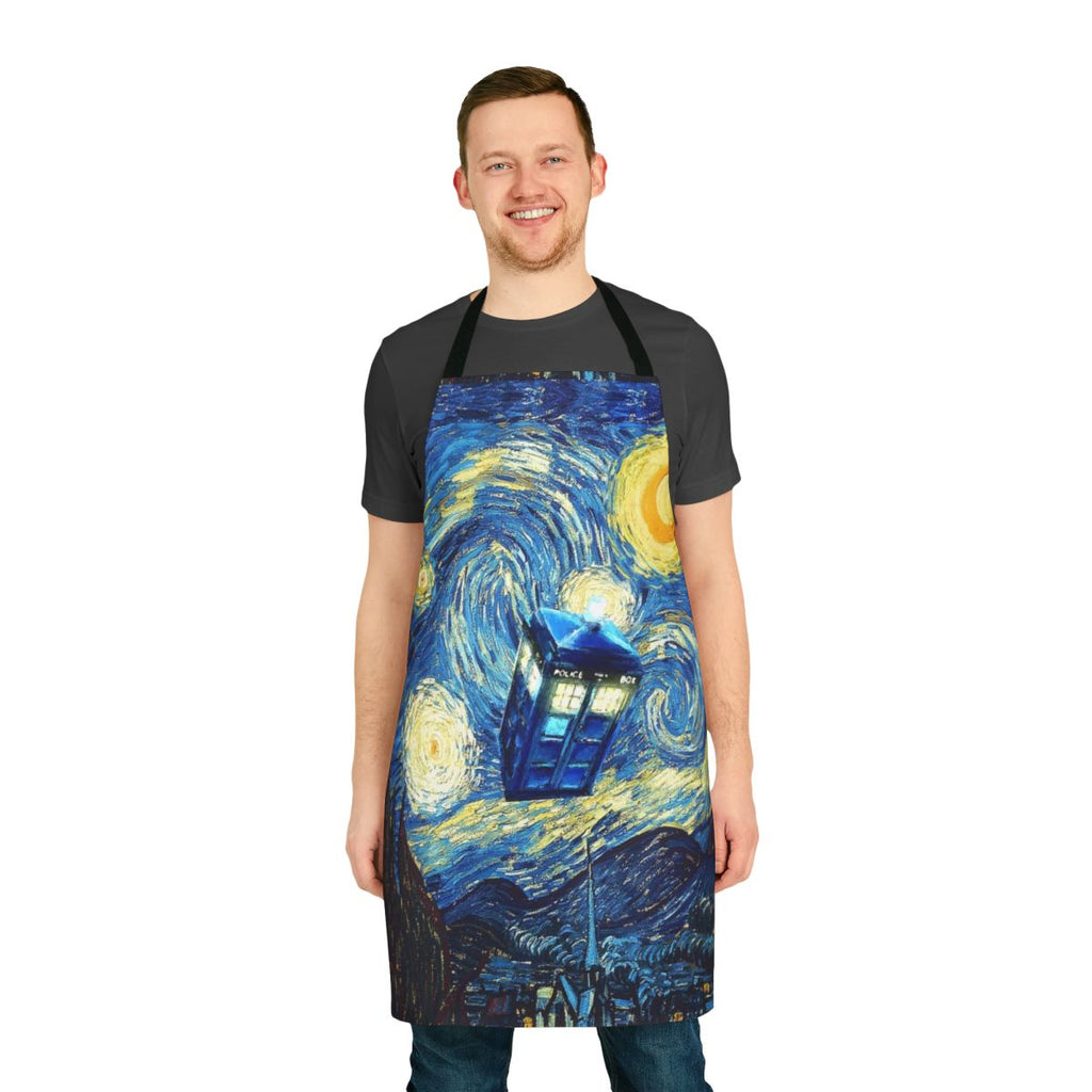 Artistic apron featuring a phone booth and elements of Doctor Who and witchcraft