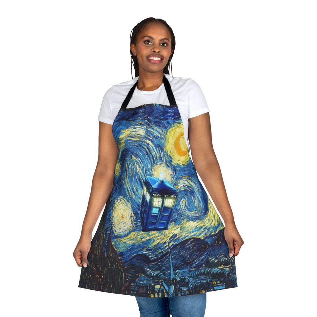 Artistic apron featuring a phone booth and elements of Doctor Who and witchcraft