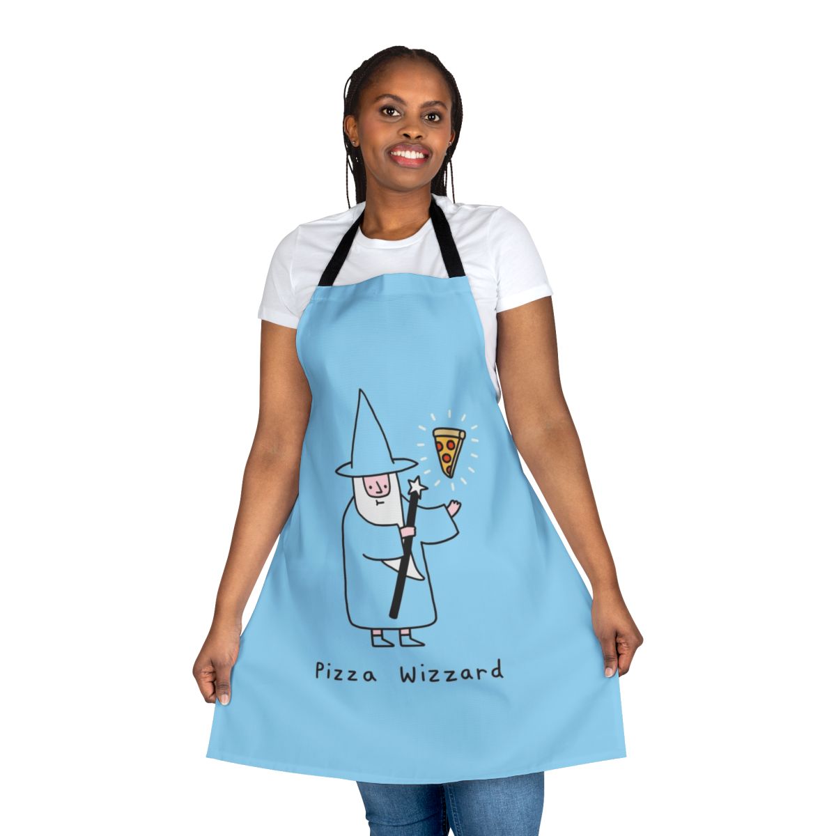 Whimsical pizza wizard apron with magical typography and design