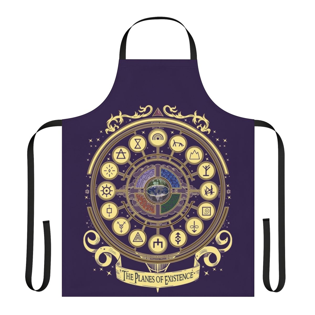 Detailed illustration of the planes of existence on a high-quality apron for fantasy and RPG enthusiasts