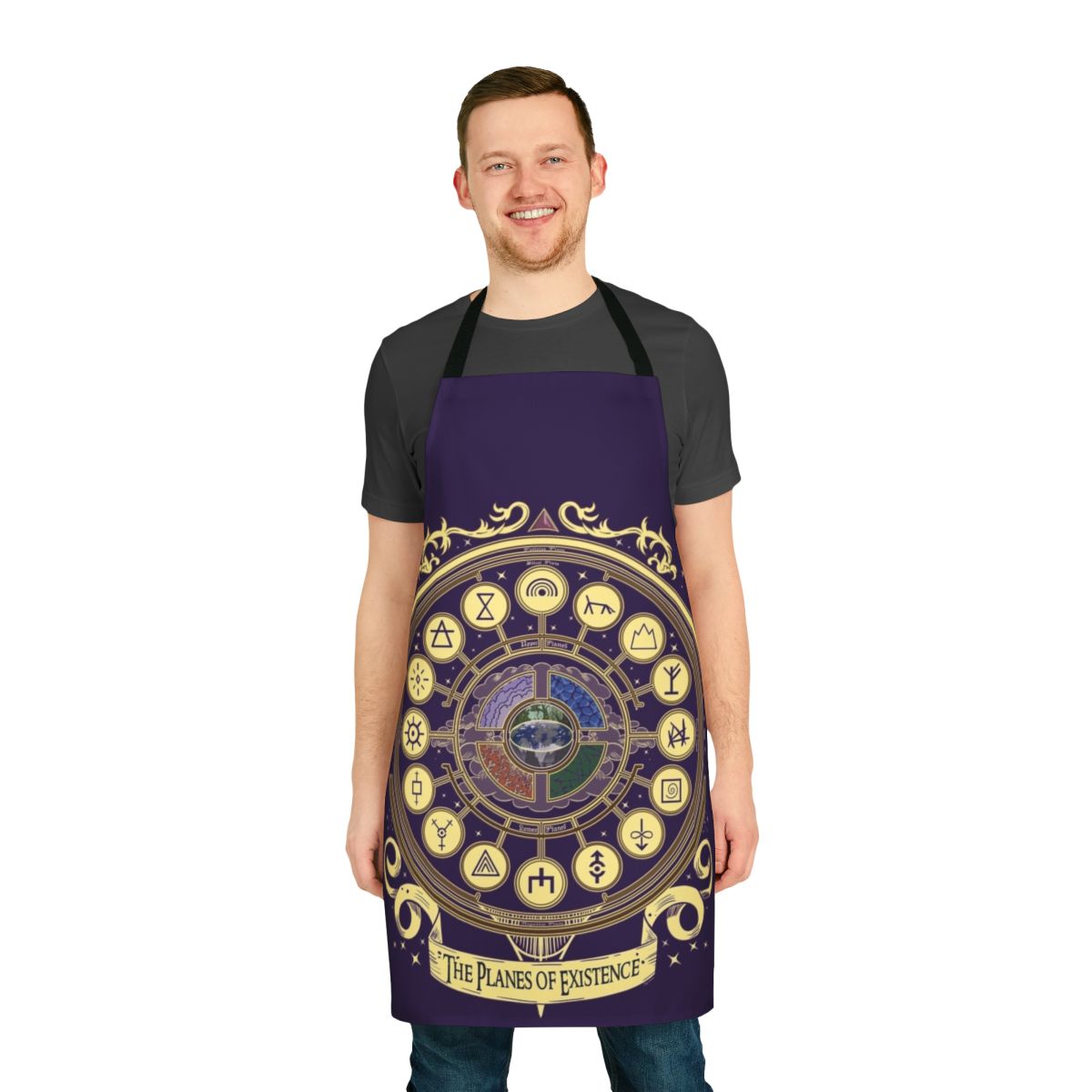 Detailed illustration of the planes of existence on a high-quality apron for fantasy and RPG enthusiasts