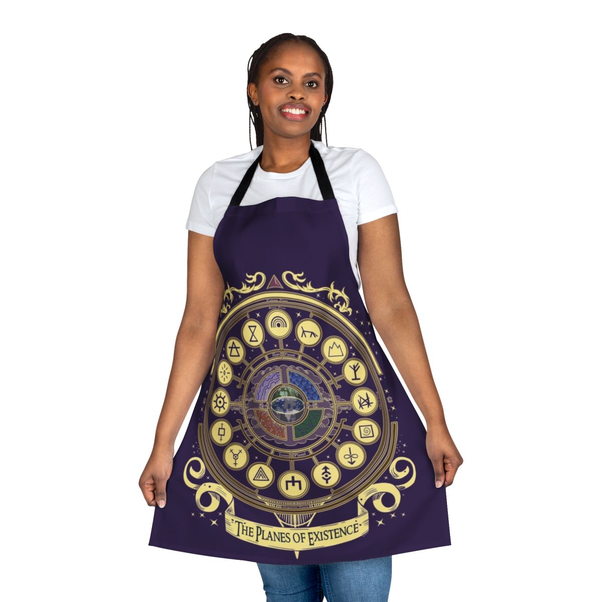 Detailed illustration of the planes of existence on a high-quality apron for fantasy and RPG enthusiasts