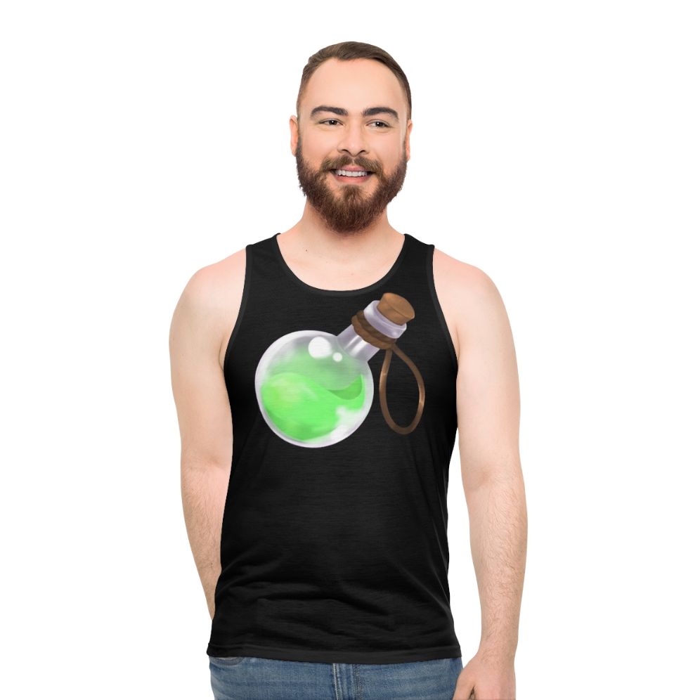 Unisex fantasy tank top with blue and red potion design