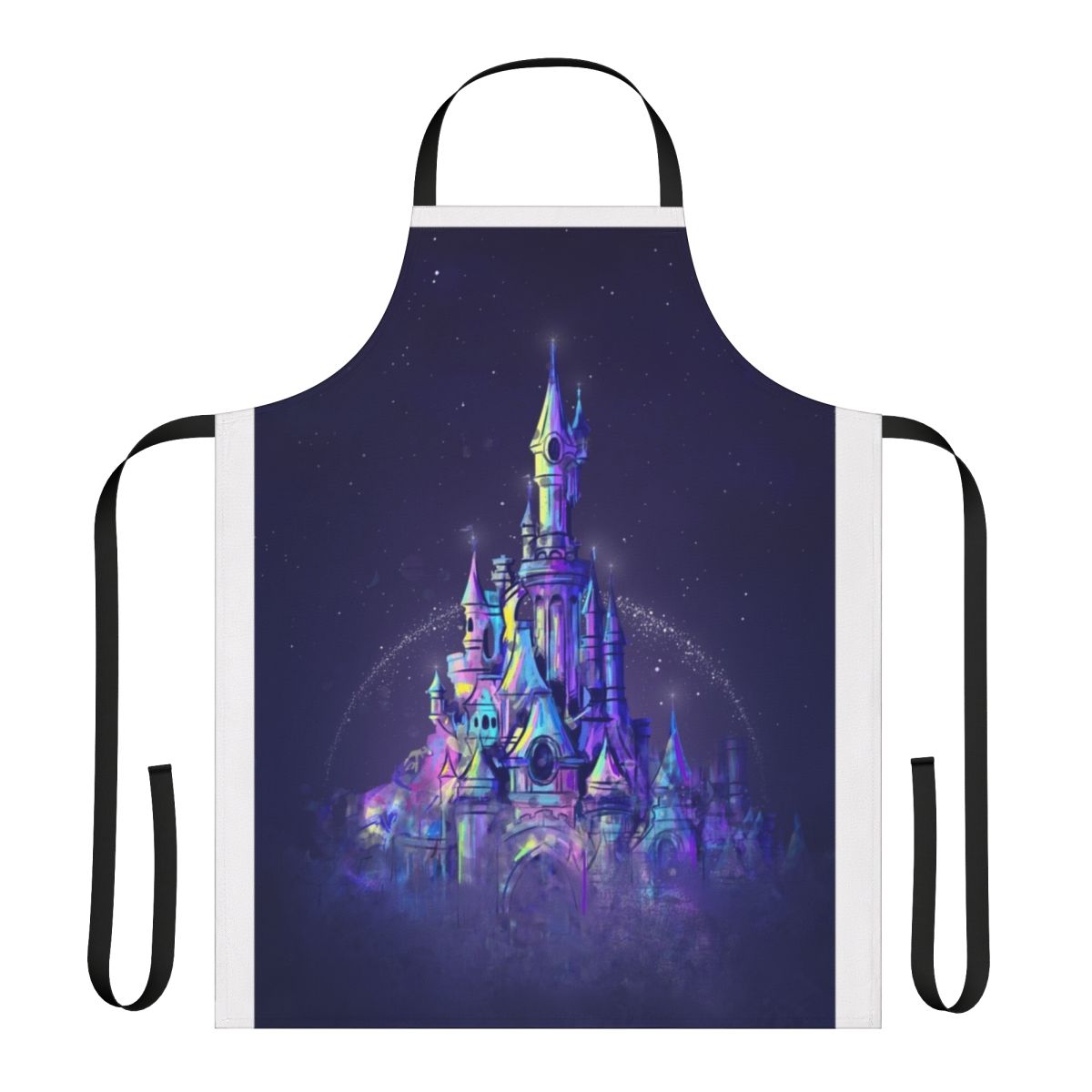 Watercolor painting of a fairy tale castle on a cooking apron