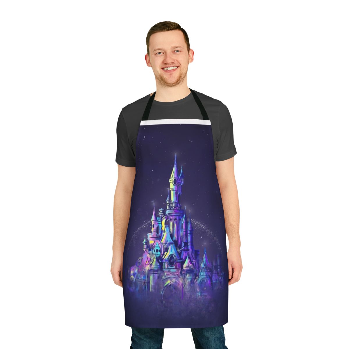 Watercolor painting of a fairy tale castle on a cooking apron
