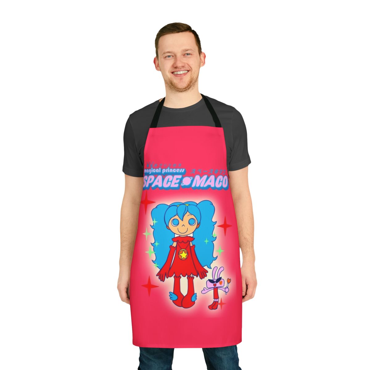 Vibrant pink apron featuring a magical princess character in a space setting
