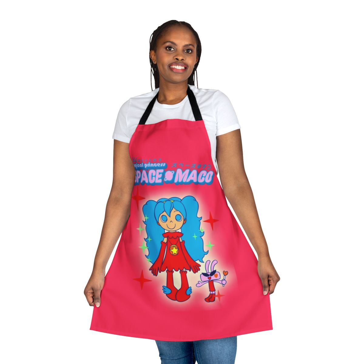 Vibrant pink apron featuring a magical princess character in a space setting
