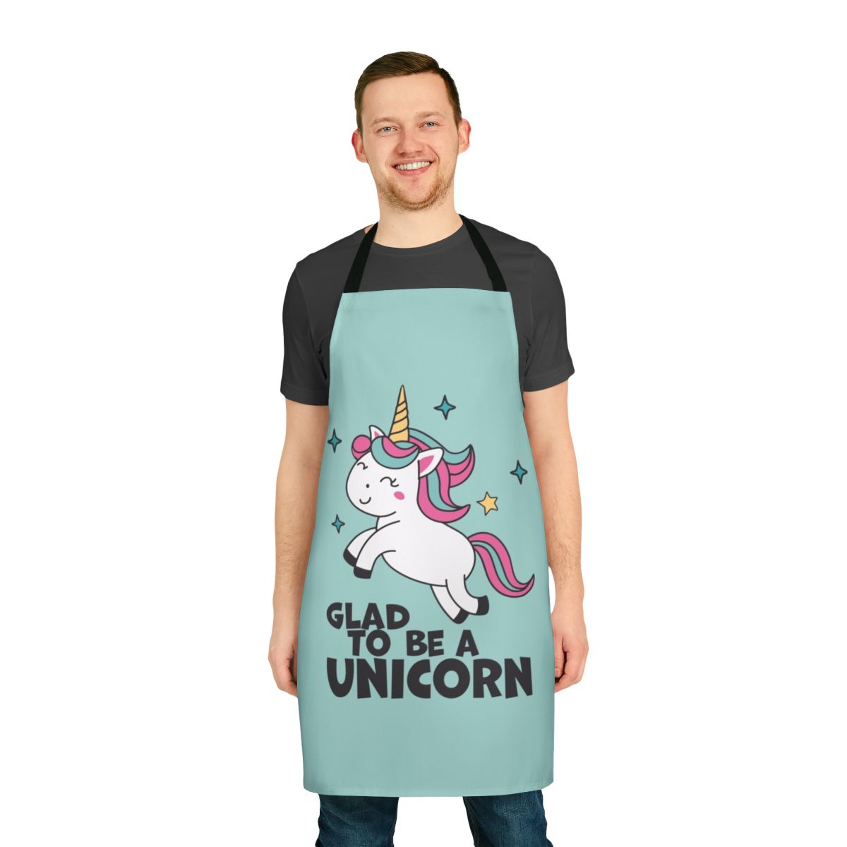A whimsical apron featuring a cute, kawaii unicorn design for fantasy enthusiasts.