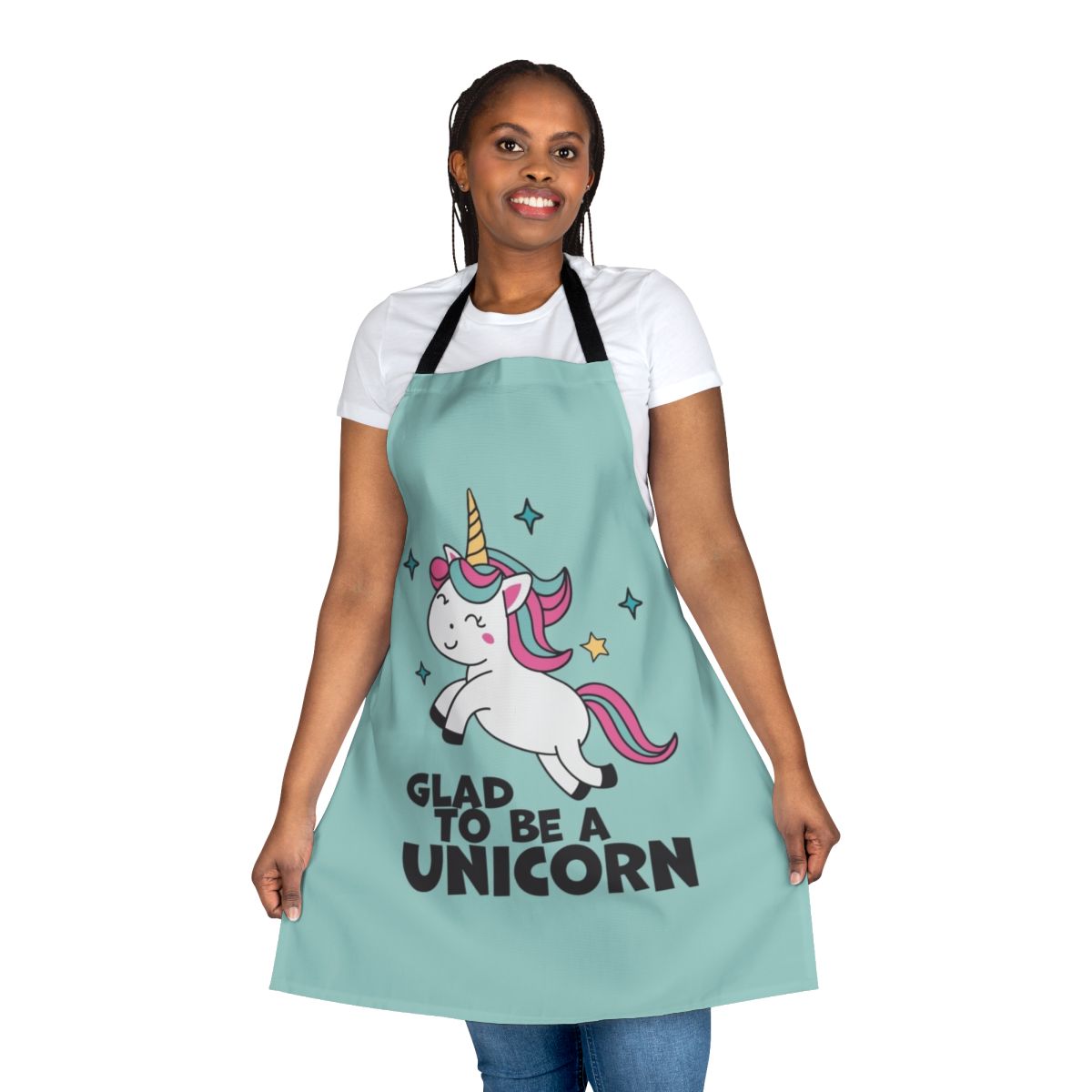 A whimsical apron featuring a cute, kawaii unicorn design for fantasy enthusiasts.