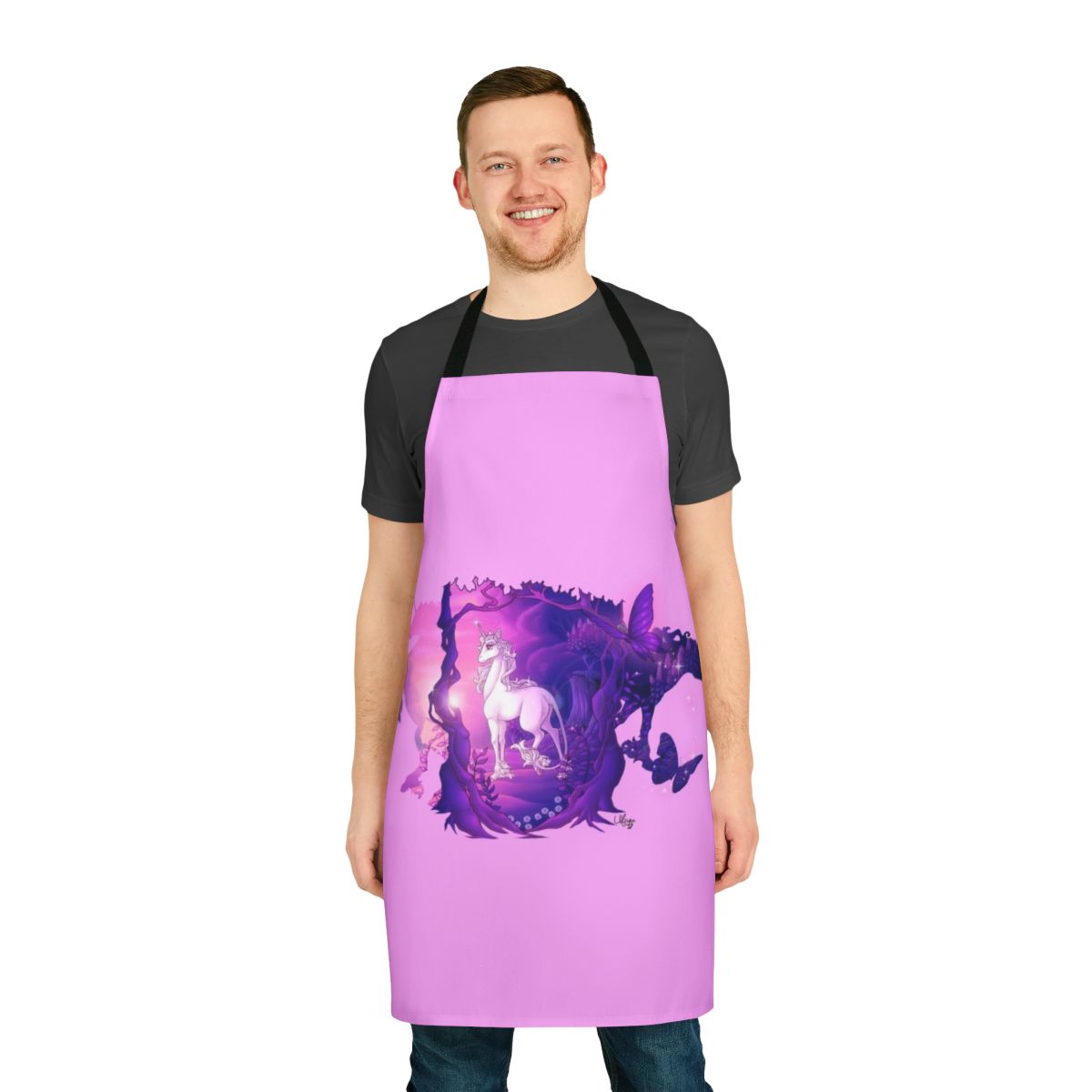 A whimsical apron featuring the iconic unicorn Amalthea from the beloved fantasy story The Last Unicorn.