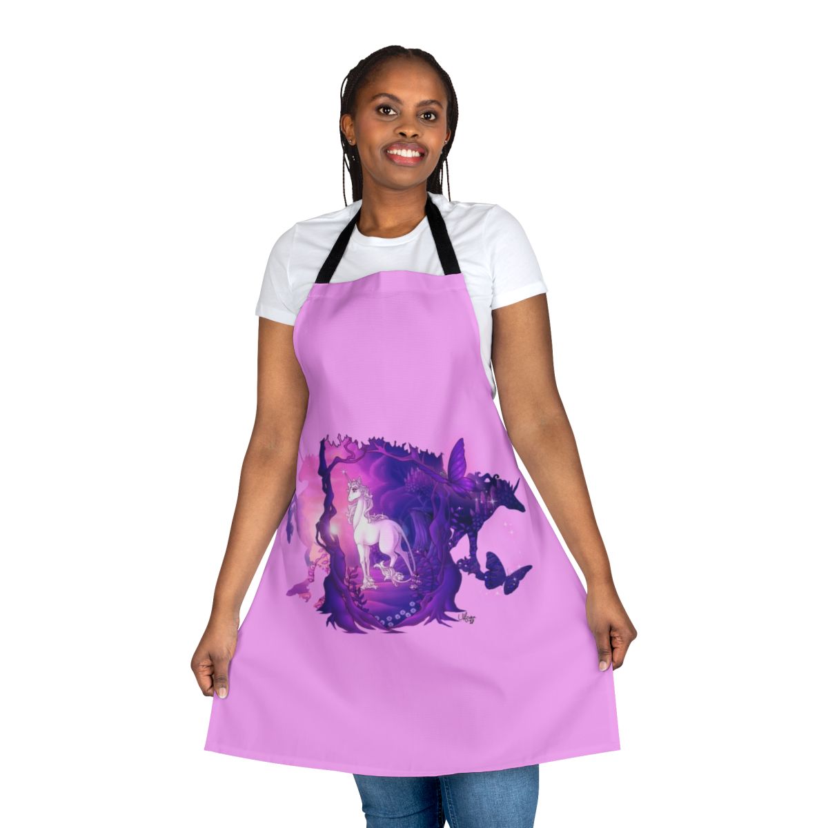A whimsical apron featuring the iconic unicorn Amalthea from the beloved fantasy story The Last Unicorn.
