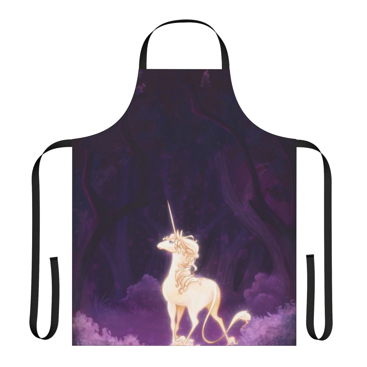 Whimsical apron featuring a unicorn in a lilac wood, perfect for fantasy and mythical creature enthusiasts