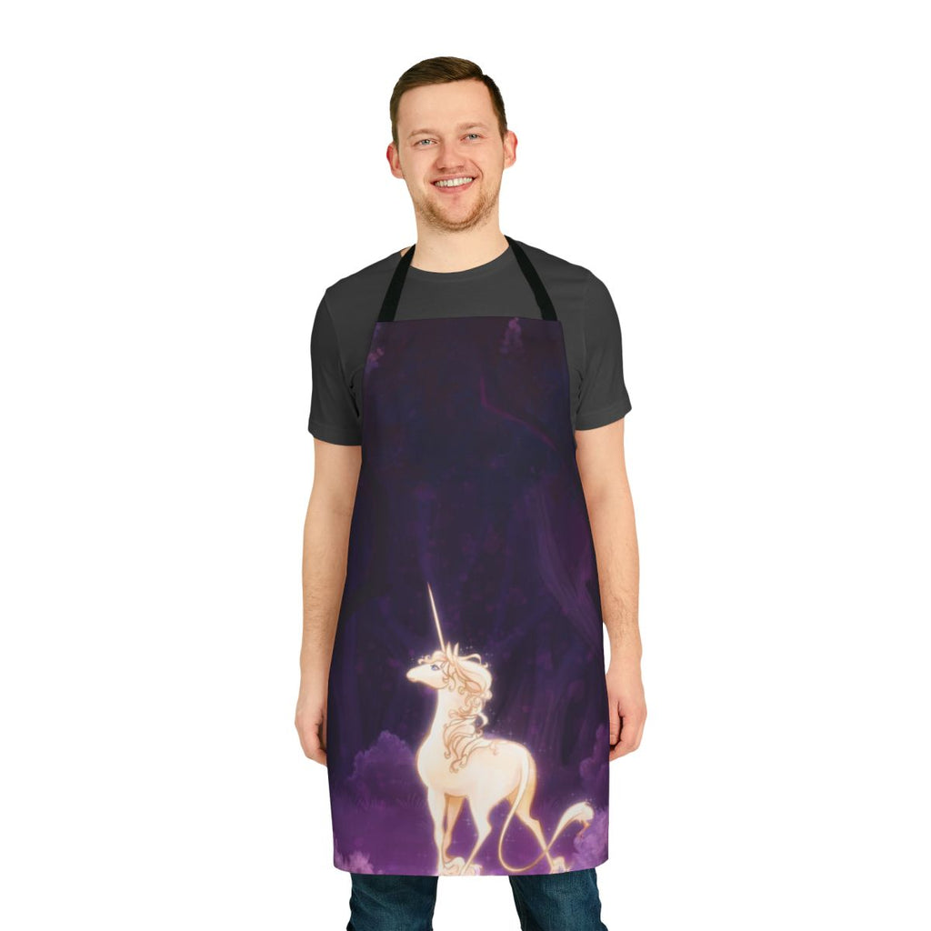 Whimsical apron featuring a unicorn in a lilac wood, perfect for fantasy and mythical creature enthusiasts
