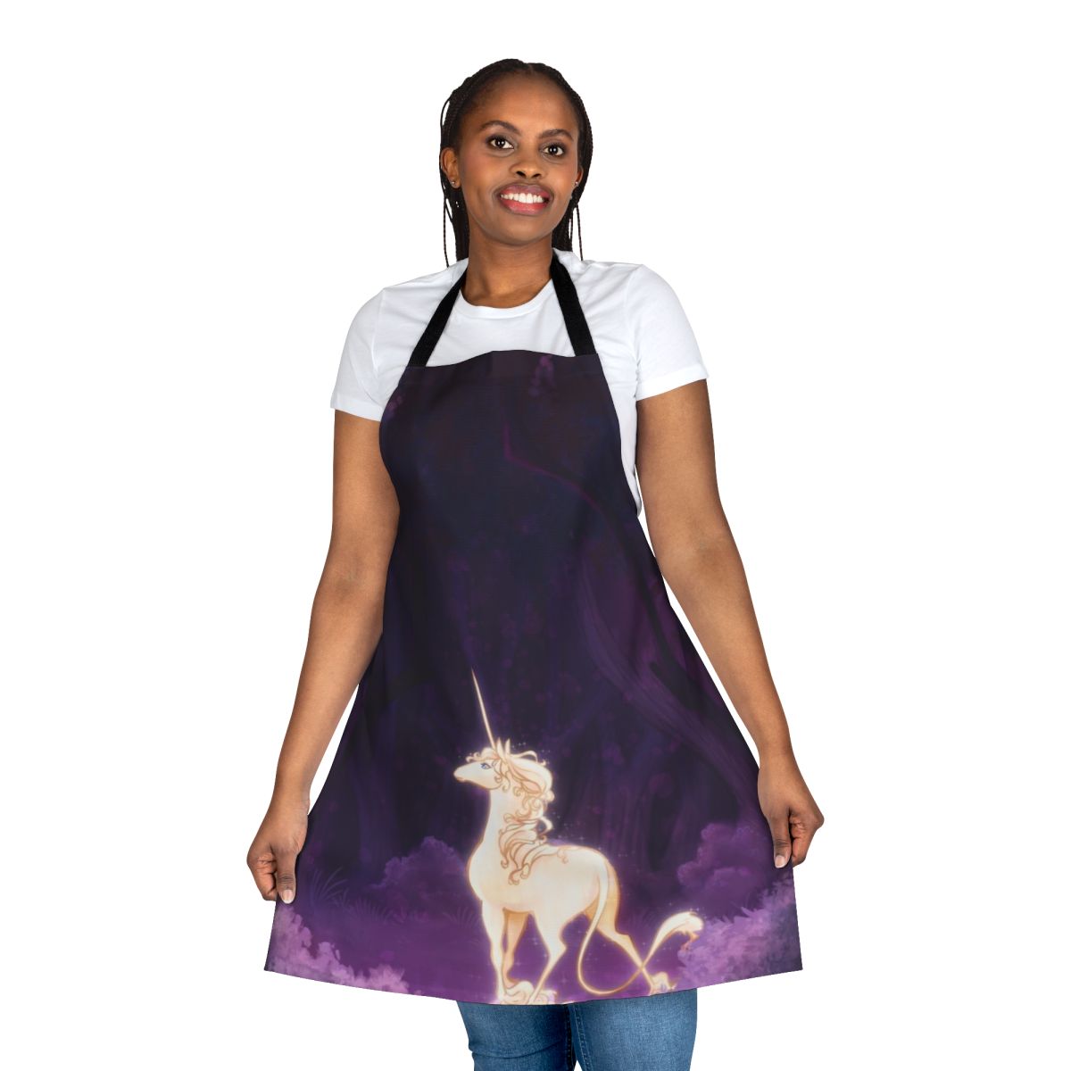 Whimsical apron featuring a unicorn in a lilac wood, perfect for fantasy and mythical creature enthusiasts