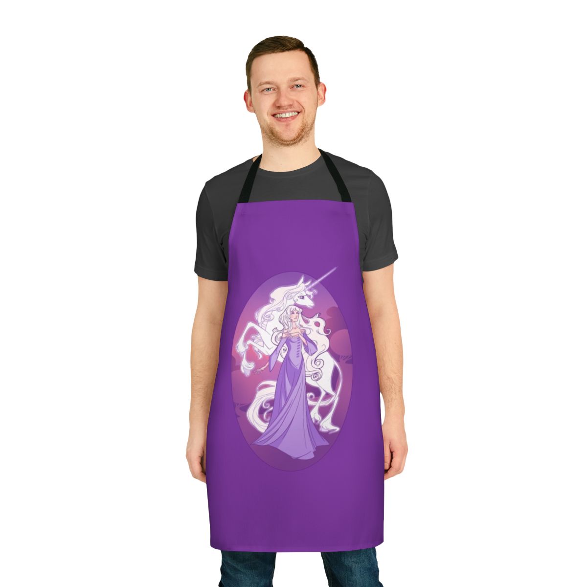 Whimsical apron featuring a unicorn design inspired by the classic fantasy novel The Last Unicorn.