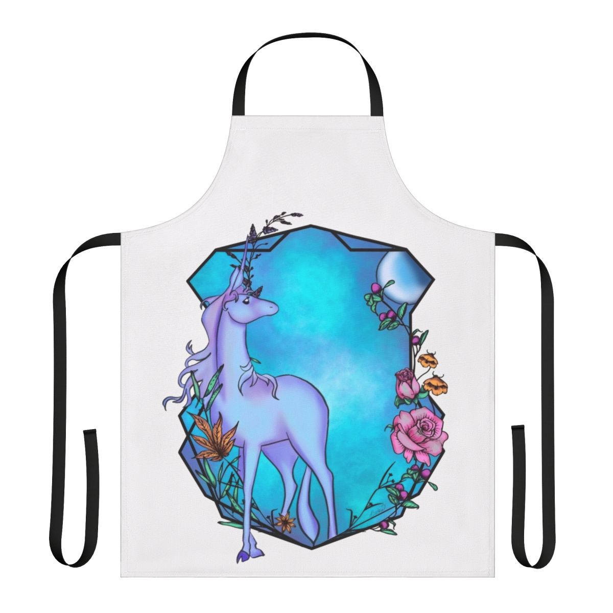 A watercolor-style apron featuring a unicorn design inspired by the beloved fantasy film The Last Unicorn.
