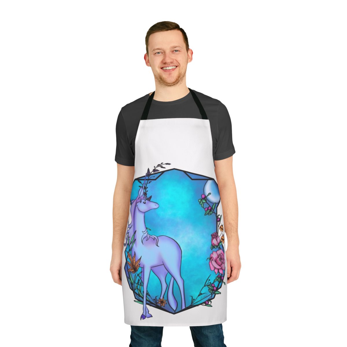 A watercolor-style apron featuring a unicorn design inspired by the beloved fantasy film The Last Unicorn.