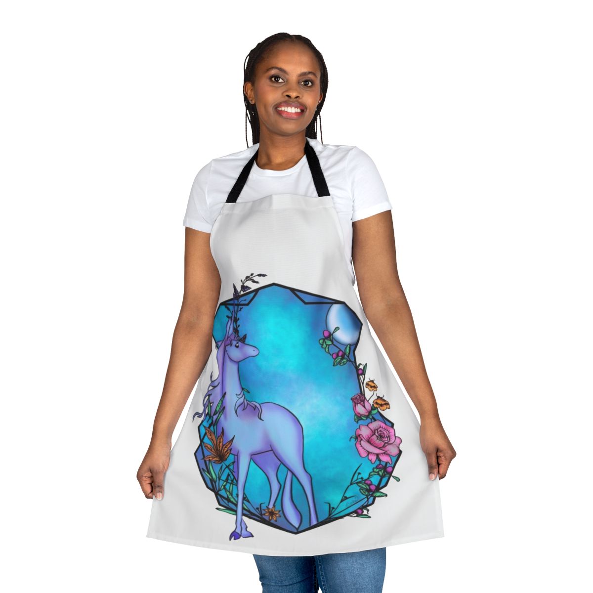 A watercolor-style apron featuring a unicorn design inspired by the beloved fantasy film The Last Unicorn.