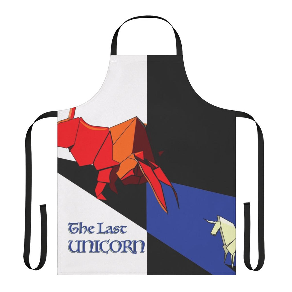 A vibrant and whimsical apron featuring the iconic characters from the classic fantasy tale "The Last Unicorn".
