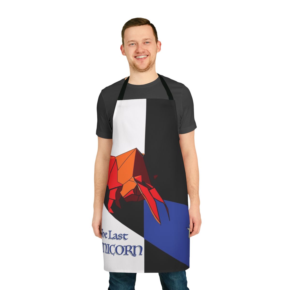 A vibrant and whimsical apron featuring the iconic characters from the classic fantasy tale "The Last Unicorn".