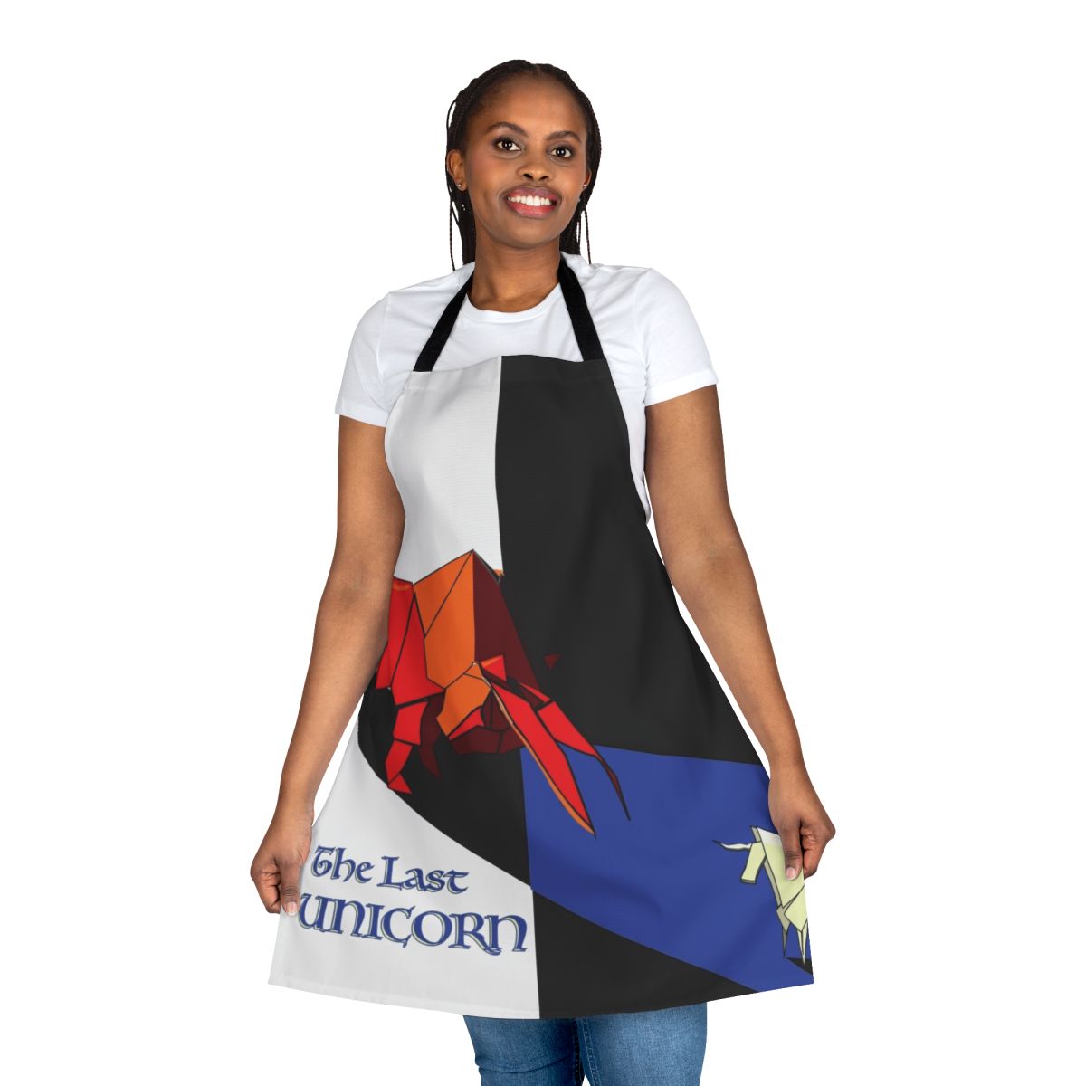 A vibrant and whimsical apron featuring the iconic characters from the classic fantasy tale "The Last Unicorn".