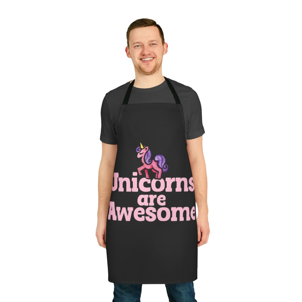A pink and white apron with a playful unicorn design, perfect for the unicorn lover in your life.