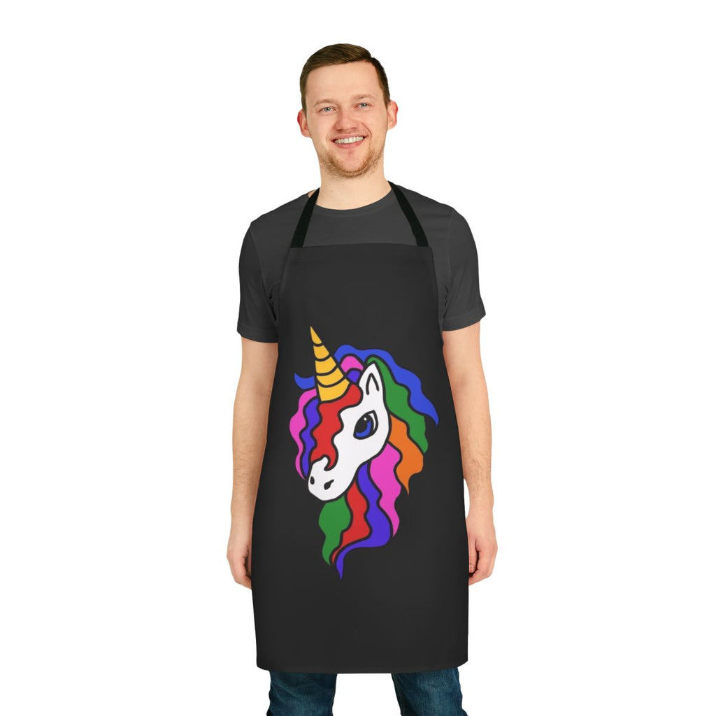 Colorful unicorn-themed apron with rainbow pattern