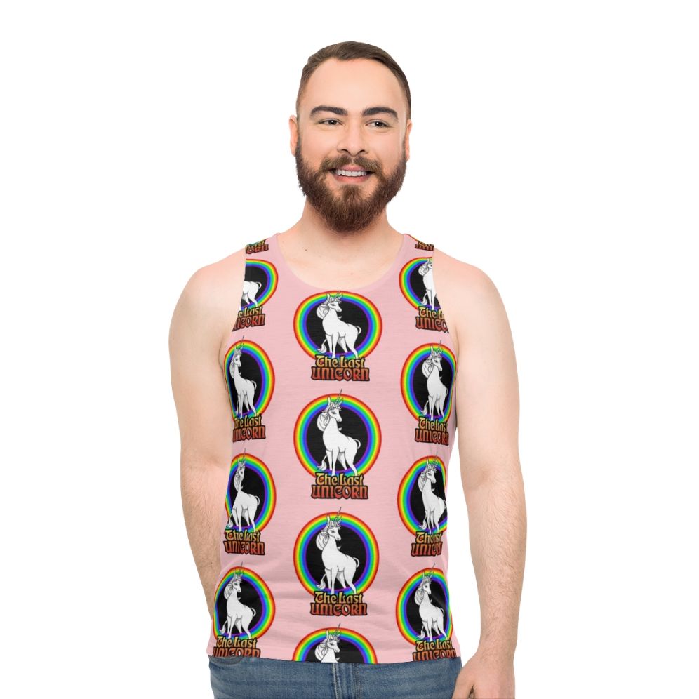 Unisex tank top featuring a white unicorn against a rainbow backdrop