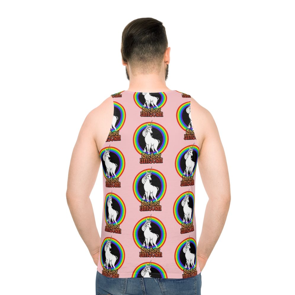 Unisex tank top featuring a white unicorn against a rainbow backdrop