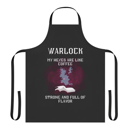 A black apron with a warlock design, perfect for fans of fantasy and tabletop role-playing games.