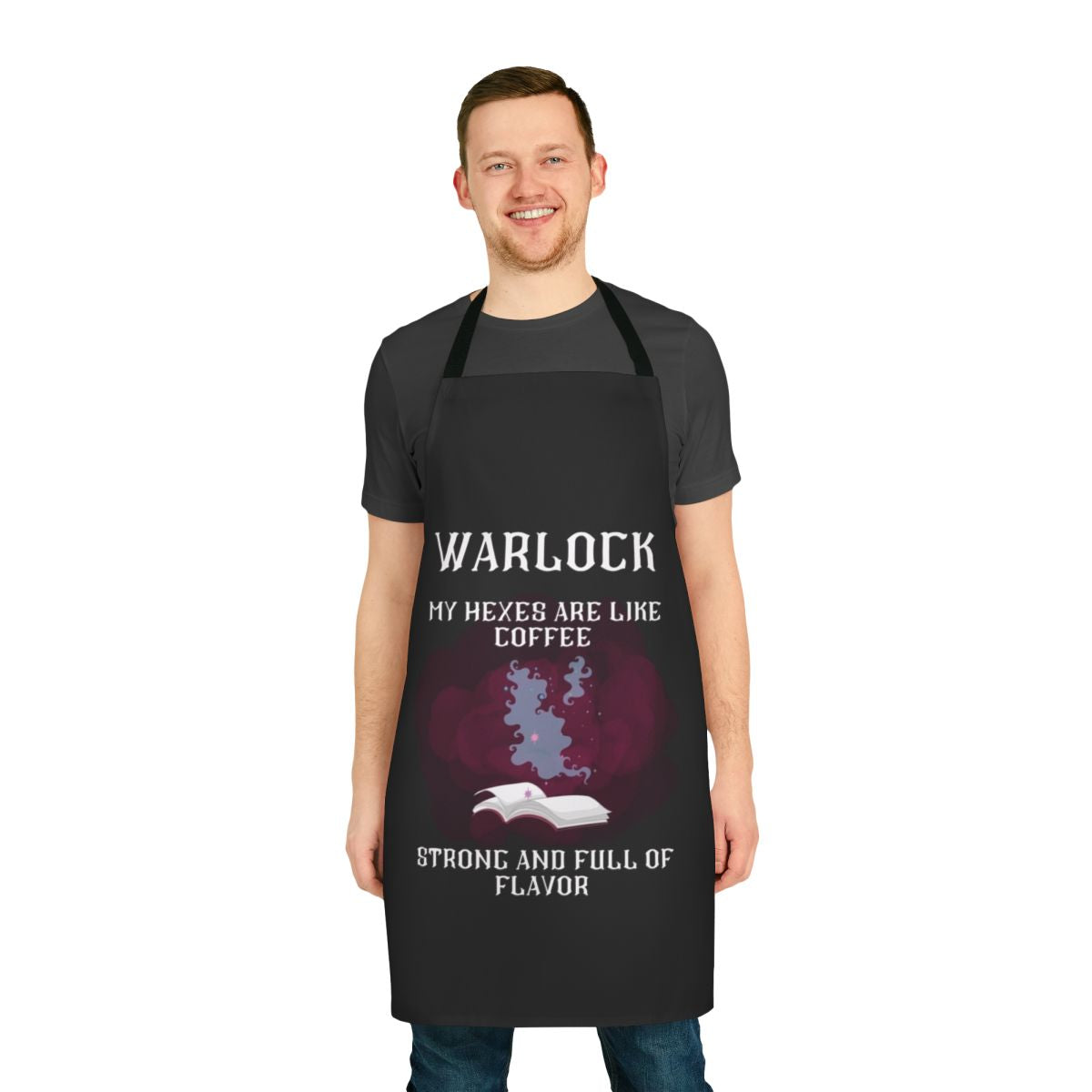 A black apron with a warlock design, perfect for fans of fantasy and tabletop role-playing games.
