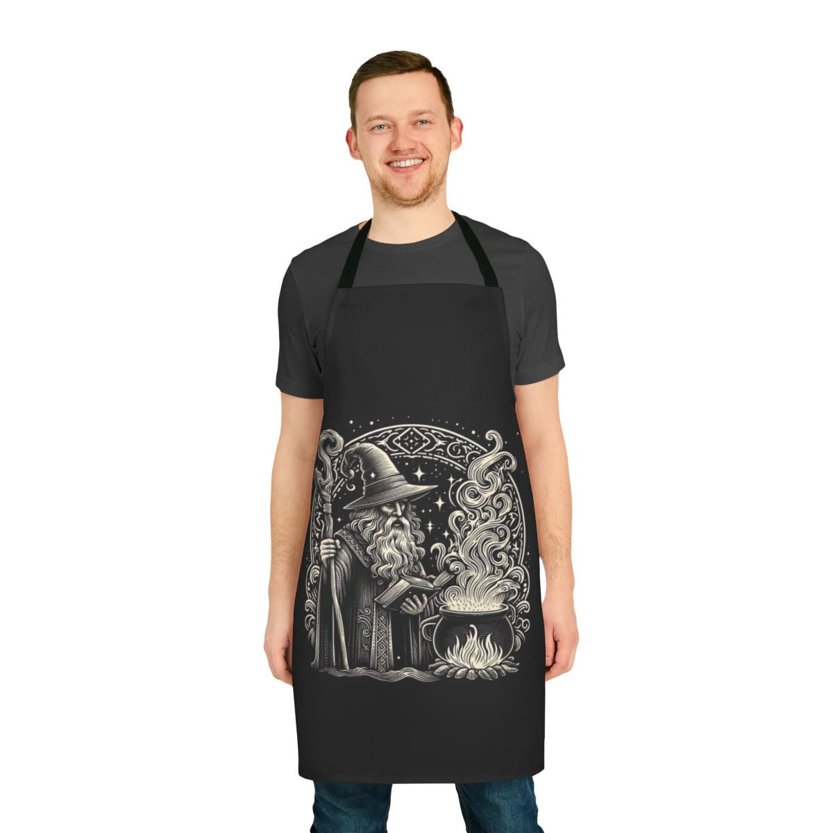 Wizard-themed apron with magical design for fantasy cooking