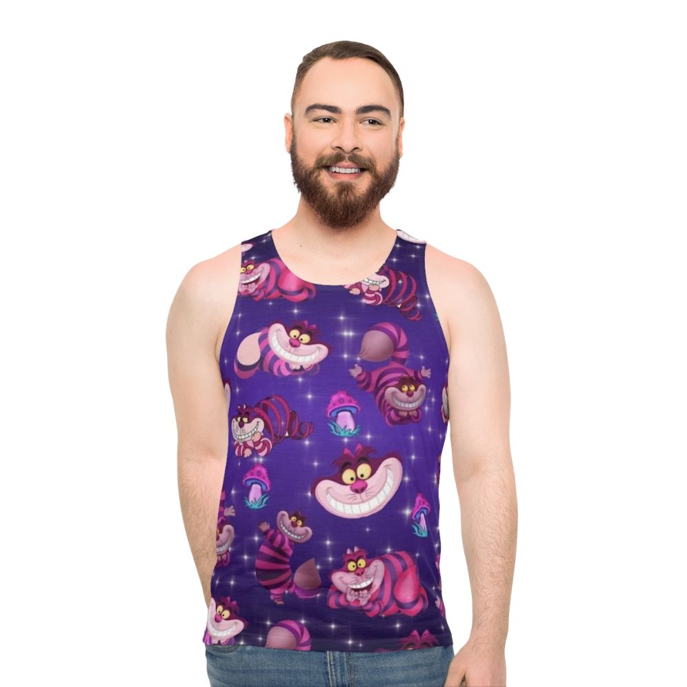 Cheshire cat and mushrooms fantasy unisex tank top