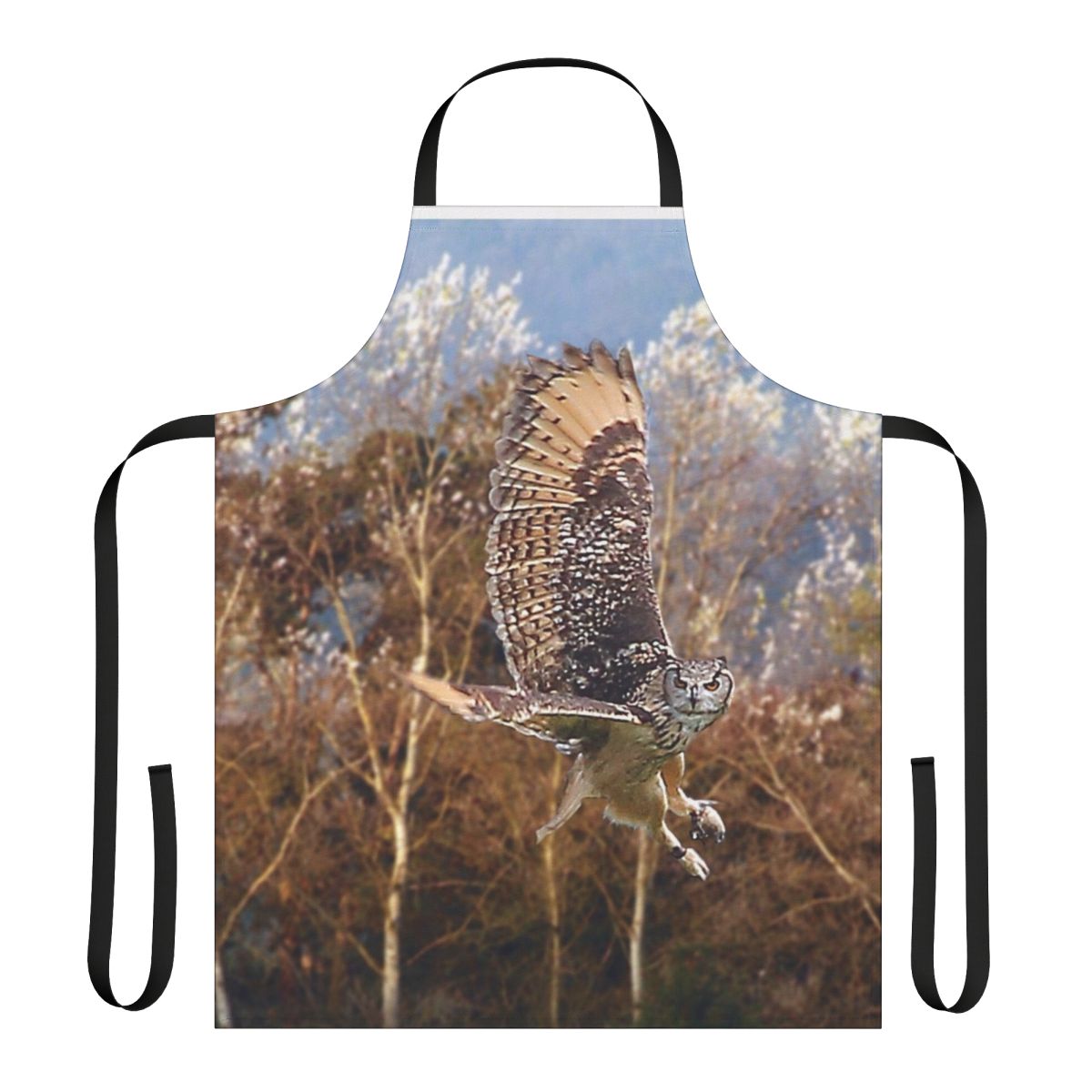 Stylish apron featuring an illustration of a graceful Eurasian eagle owl in flight, perfect for nature and bird lovers.