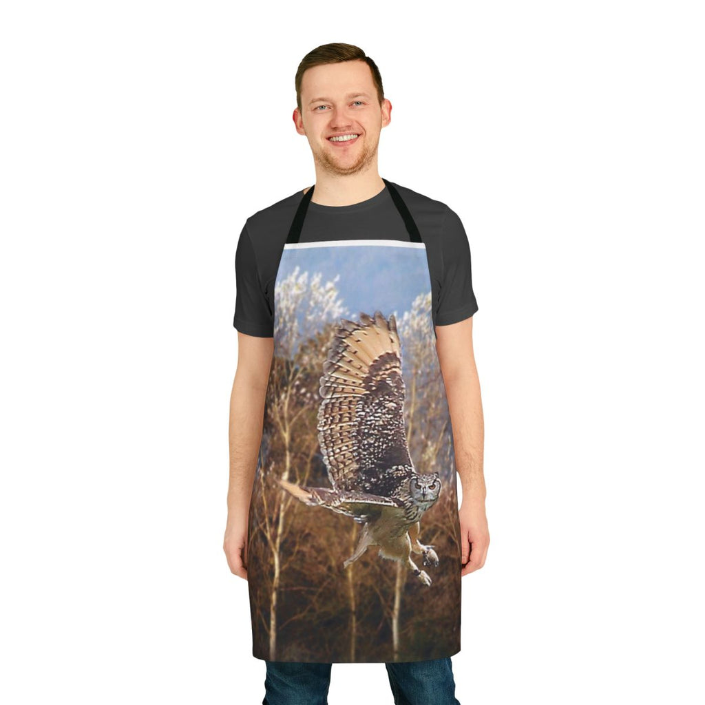 Stylish apron featuring an illustration of a graceful Eurasian eagle owl in flight, perfect for nature and bird lovers.