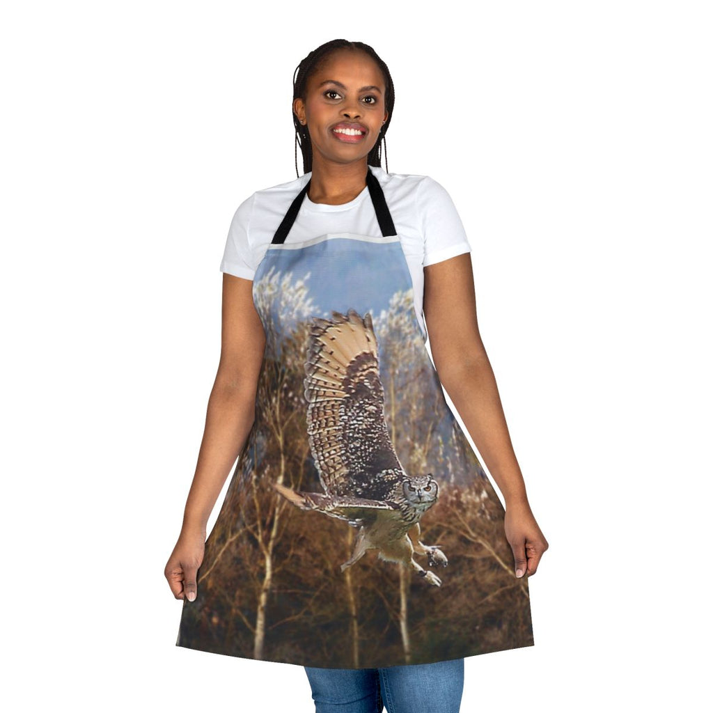 Stylish apron featuring an illustration of a graceful Eurasian eagle owl in flight, perfect for nature and bird lovers.