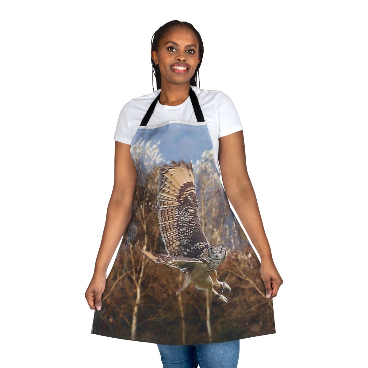 Stylish apron featuring an illustration of a graceful Eurasian eagle owl in flight, perfect for nature and bird lovers.