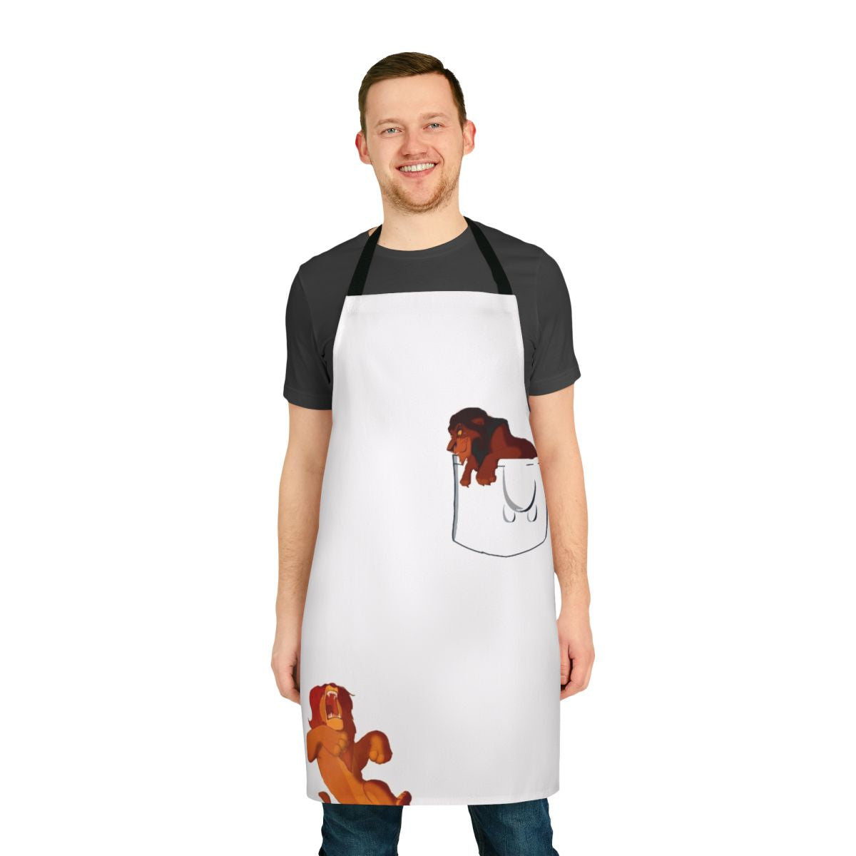 Durable cotton apron featuring an illustration of a lion, the king of the jungle